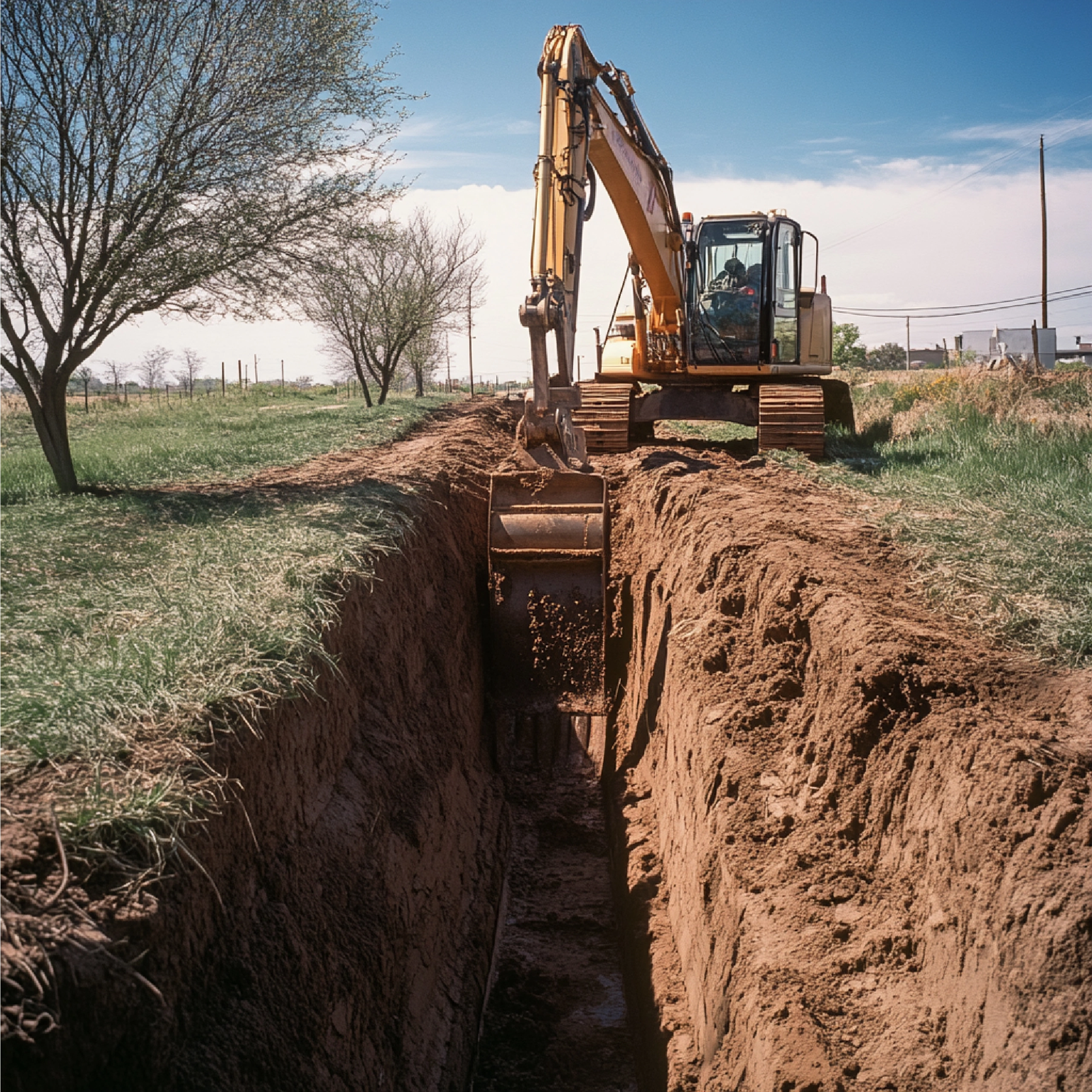 Excavation Pro LA excavator digging a deep utility trench in an open field