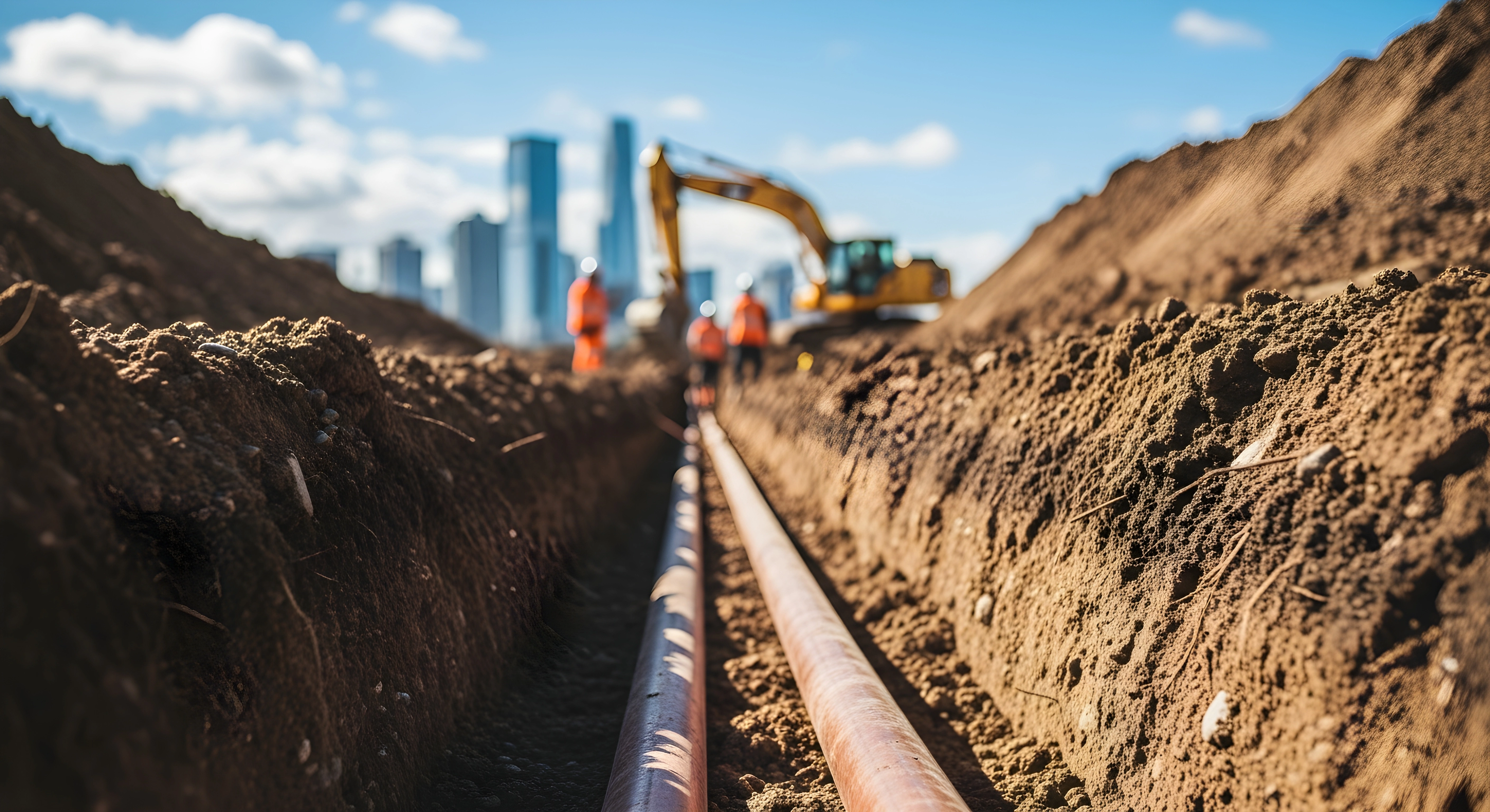 Underground utility trench with installed pipe during commercial trenching work in Los Angeles