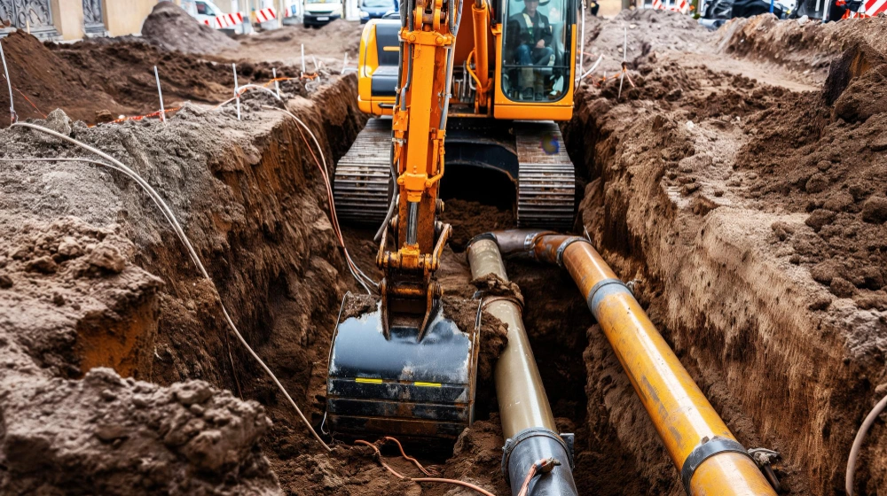 Utility trench excavation with pipes installed using excavator in Los Angeles